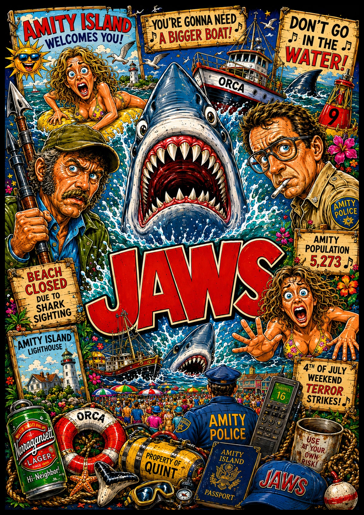 Jaws Poster | Classic Shark Movie Caricature Art