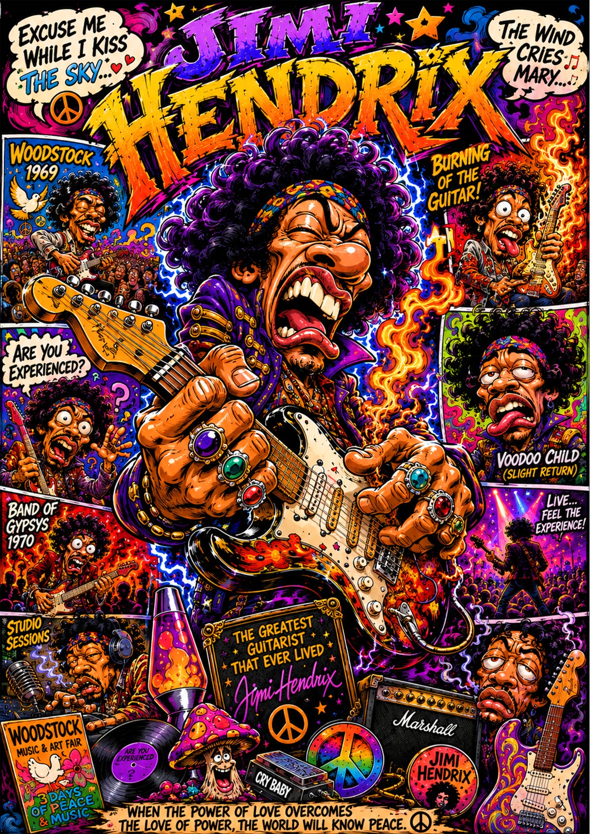 Jimi Hendrix Poster | Guitar Legend Caricature Art