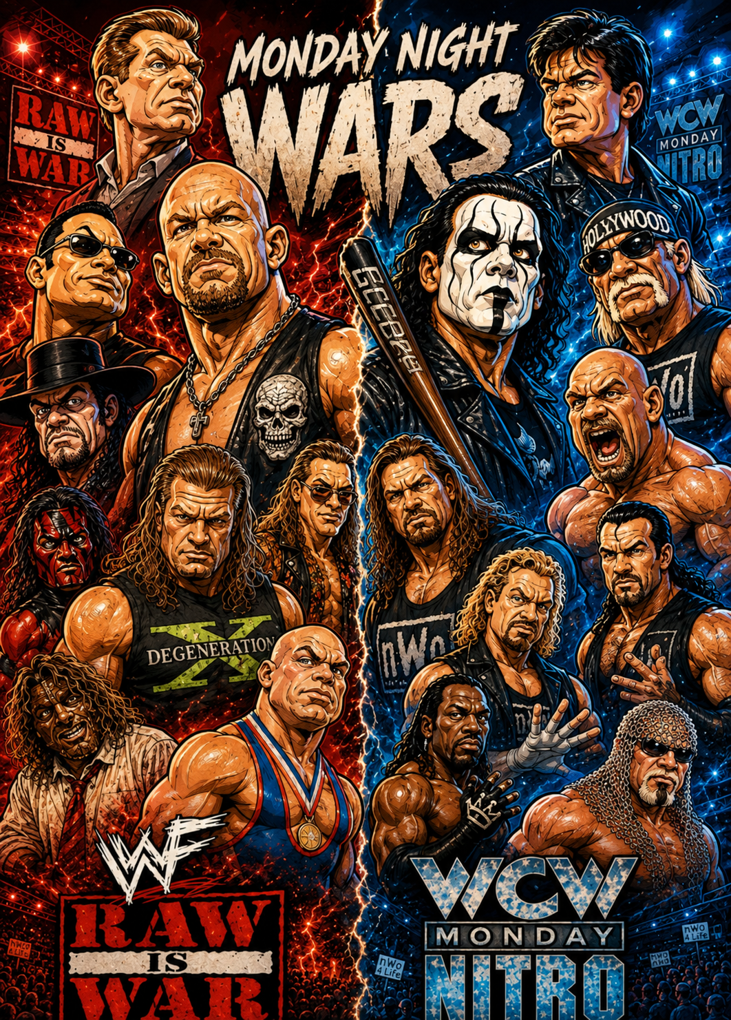 Monday Night Wars WCW vs WWE | Wrestling Legend Poster | Original Caricature Art